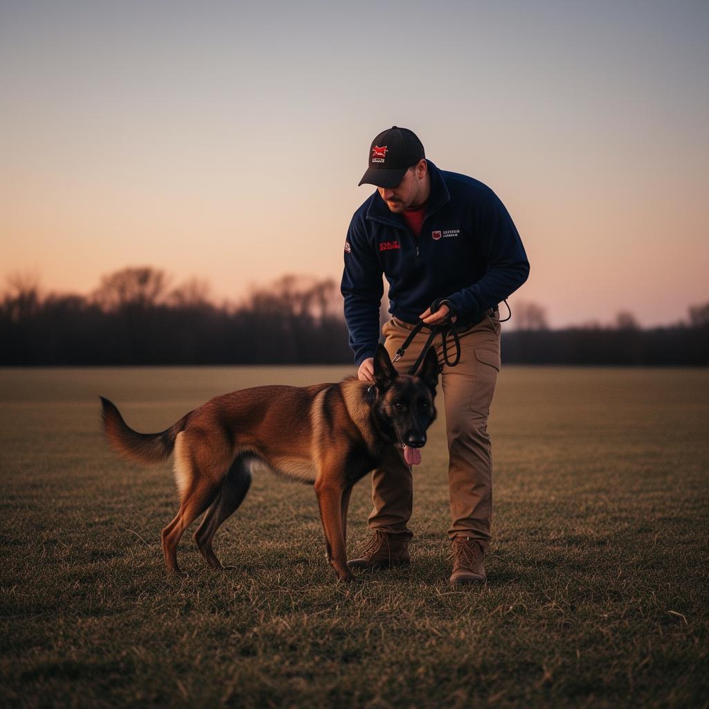 Trainer working a Belgian Malinois on leash at dusk